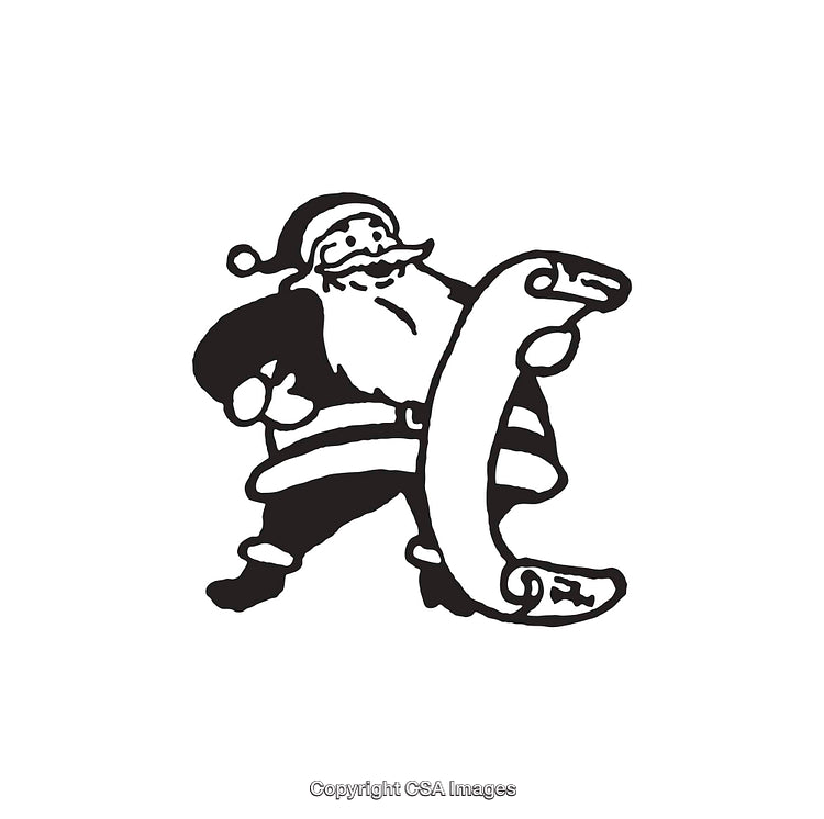 Illustration of Santa Claus Holding a Large Scroll in Line Art Style
