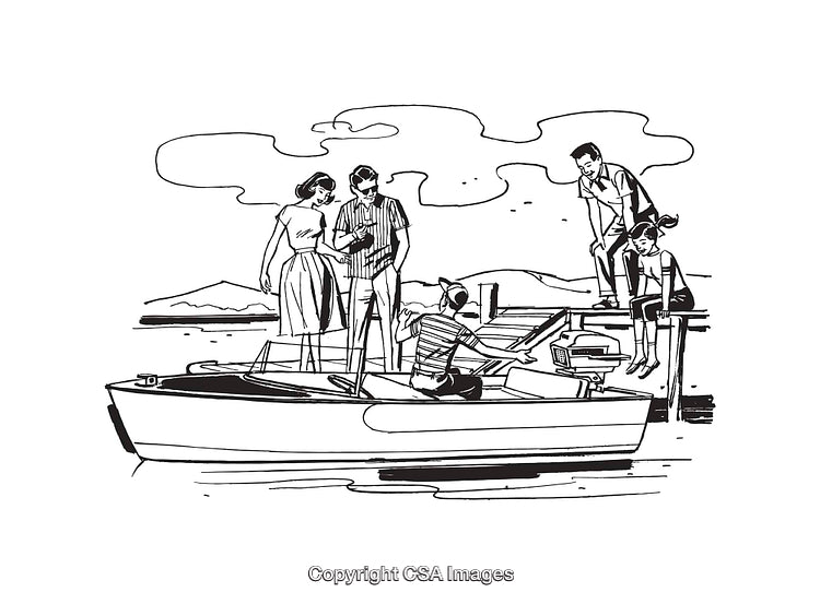 Group of People Enjoying Time Together Near a Boat in Retro Style