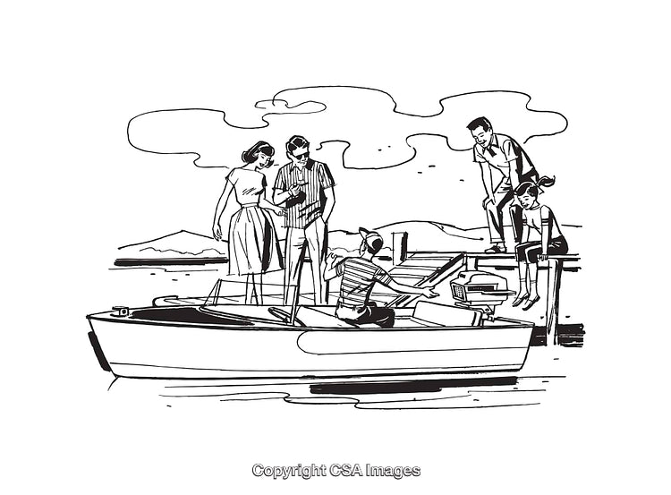Group of People Enjoying Time Together Near a Boat in Retro Style