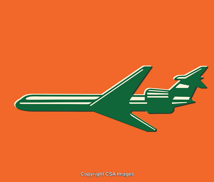 Minimalist Airplane Design in Green on Bright Orange Background