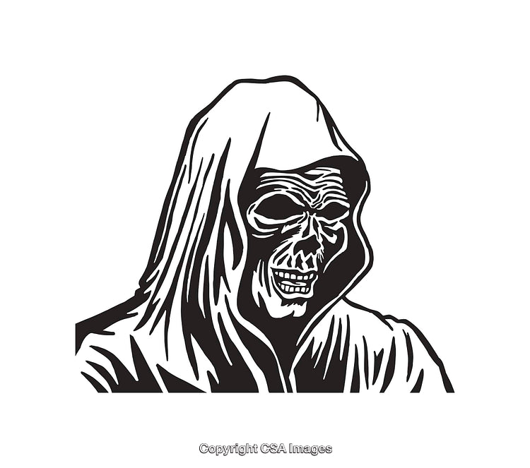 Monochrome Illustration of Grim Reaper in Hooded Cloak