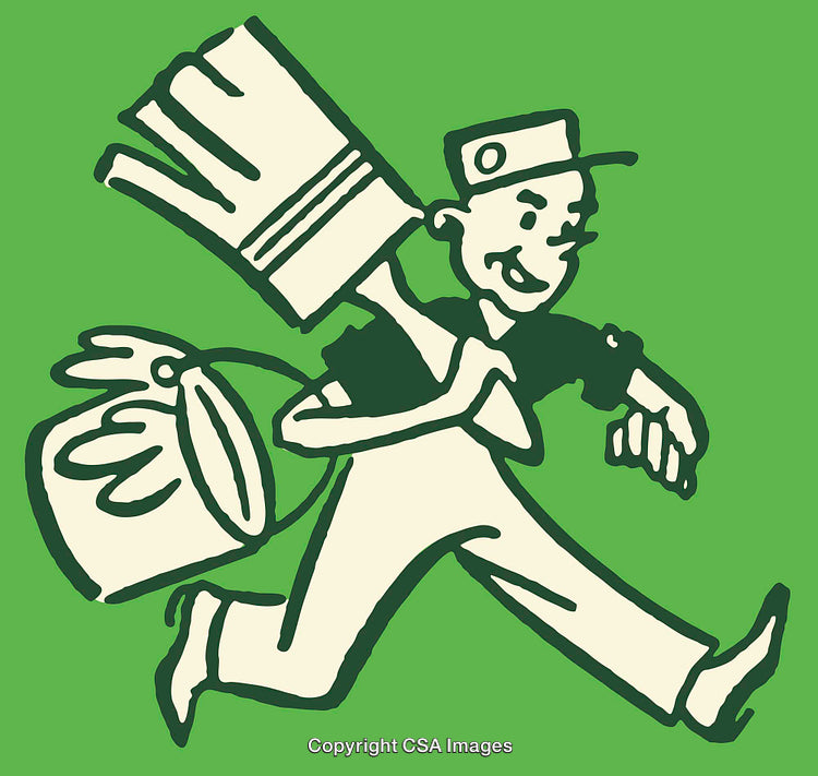 Vintage Cartoon Painter with Brush Against Green Background