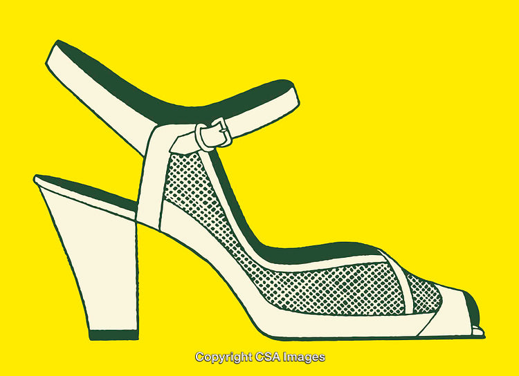 Vintage Line Art Illustration of High Heeled Shoe on Yellow Background