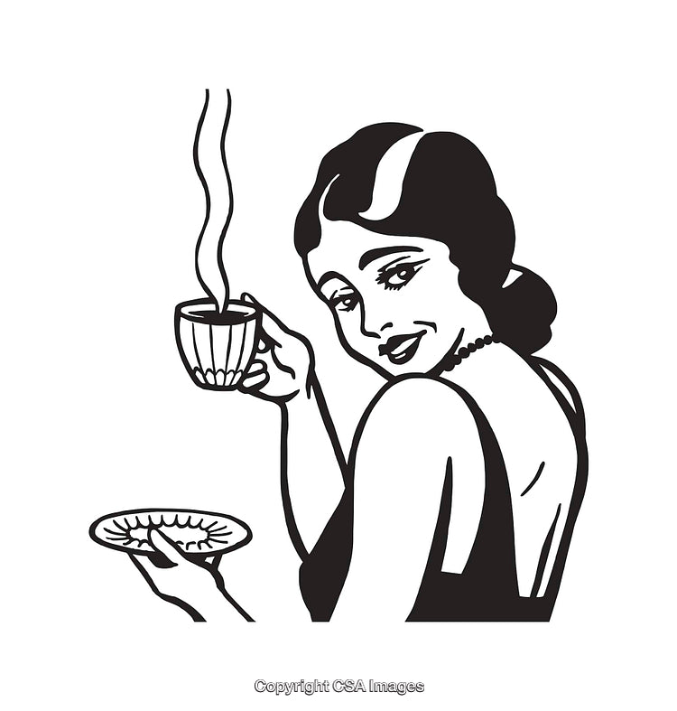 Vintage Line Art of Woman Holding Coffee Cup in Black and White
