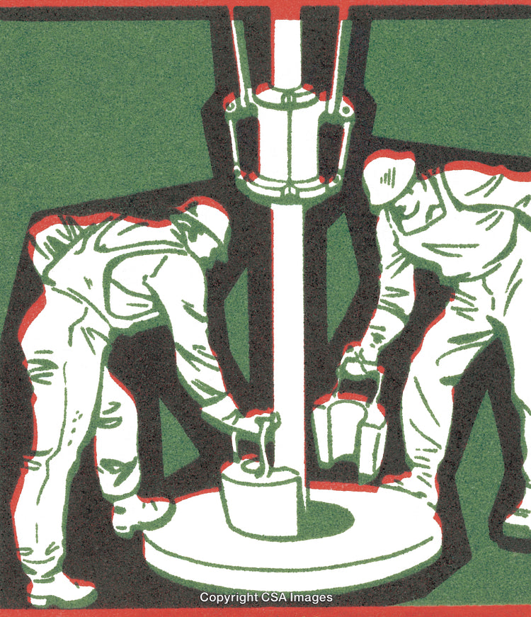 Workers Handling Industrial Drilling Equipment in a Stylized Artistic Representation
