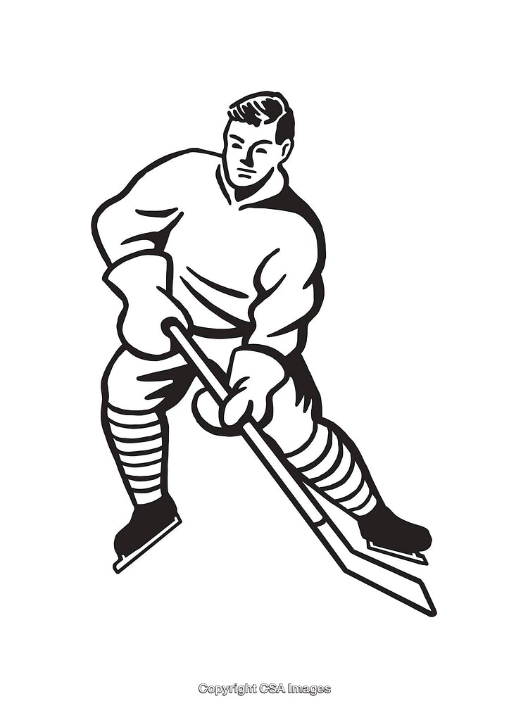 Black and White Line Art Illustration of a Hockey Player in Action