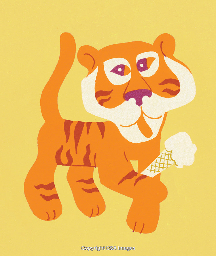 Colorful Cartoon Tiger Enjoying Ice Cream on Pastel Yellow Background
