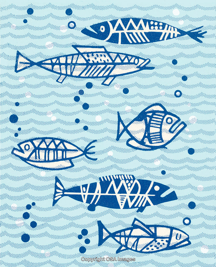 Decorative Illustration of Stylized Fish in Blue Tones with Abstract Patterns