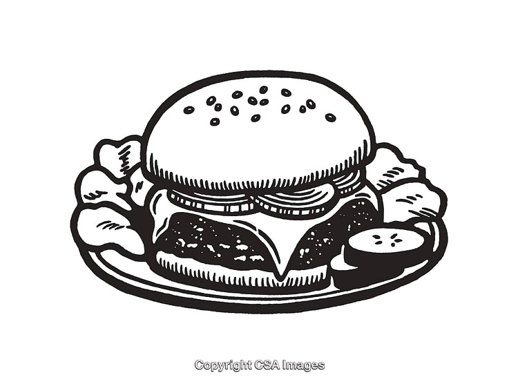 Detailed Black and White Illustration of a Classic Cheeseburger on a Plate