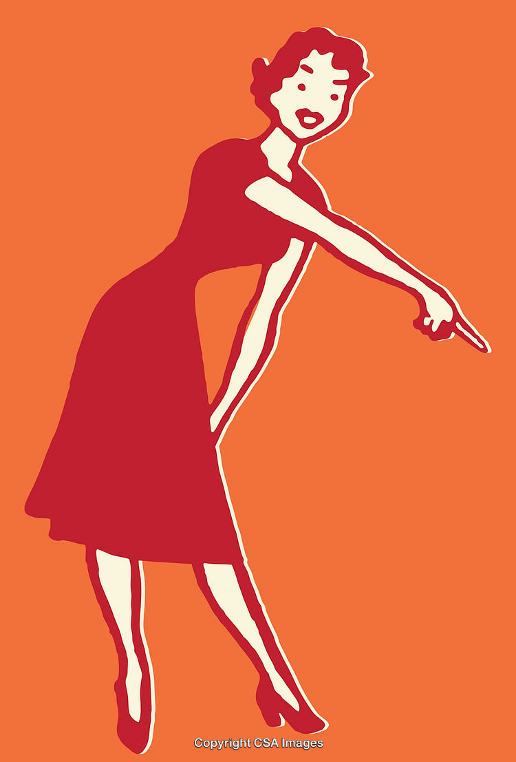Retro Illustration of a Woman in Red Dress Pointing on Orange Background
