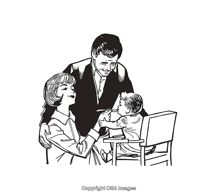 Parents Feeding Baby in High Chair Black and White Line Art