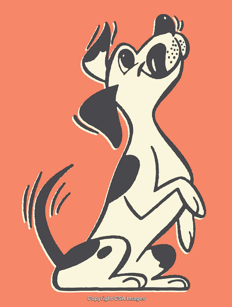 Cheerful Dog Illustration Sitting Upright on Vibrant Orange Background