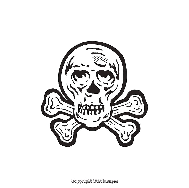 Hand-Drawn Skull and Crossbones Illustration in Black and White Line Art