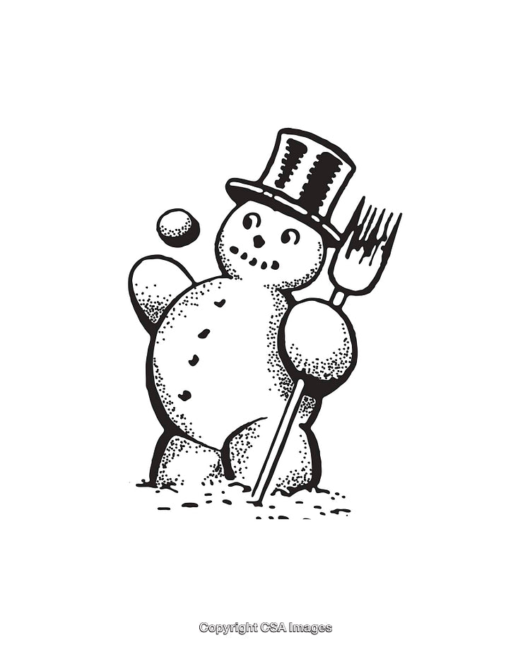 Whimsical Snowman Line Art Illustration Featuring Top Hat and Pitchfork