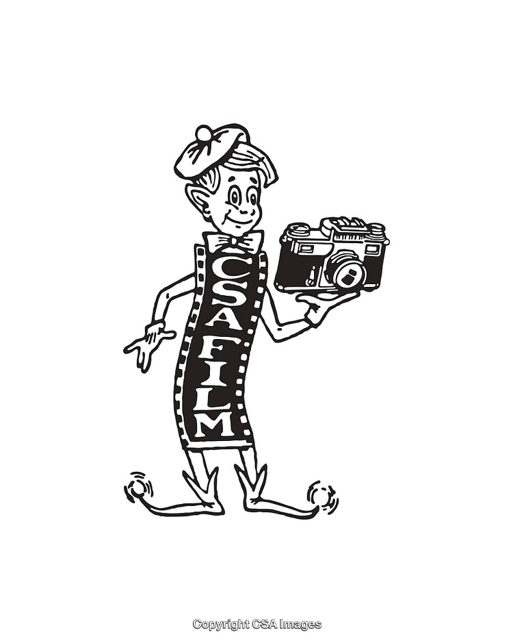 Retro Cartoon Style Film Character Holding a Camera Illustration in Black and White