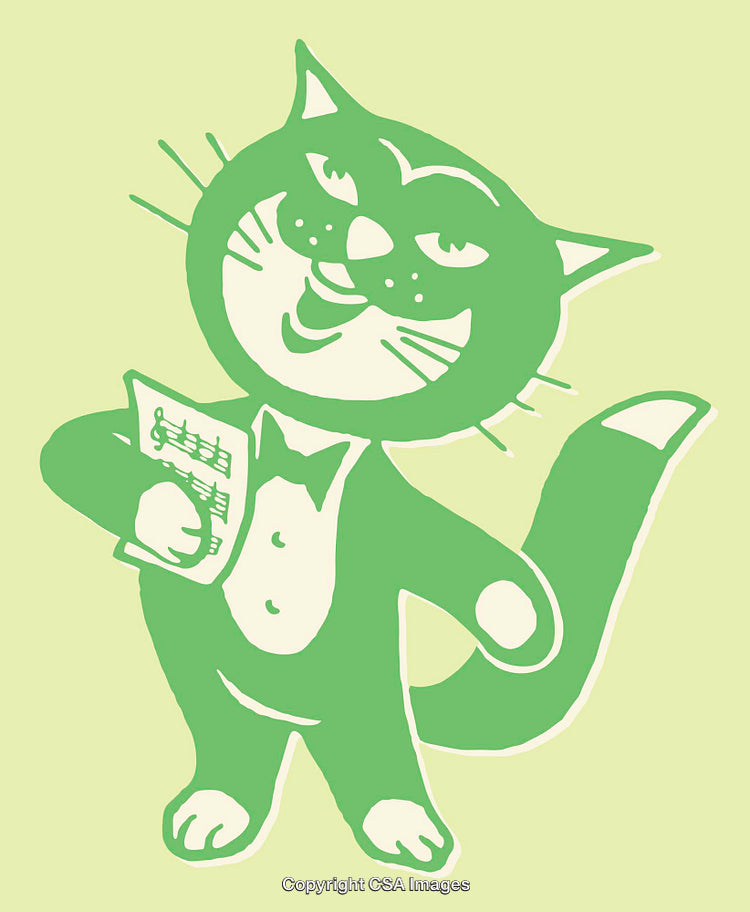 Cute Cat Illustration Holding Music Sheet in Green Shades