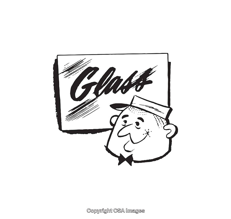 Retro Black and White Illustration of a Man by a Glass Sign