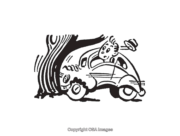 Black and White Illustration of a Car Accident Scene with a Tree