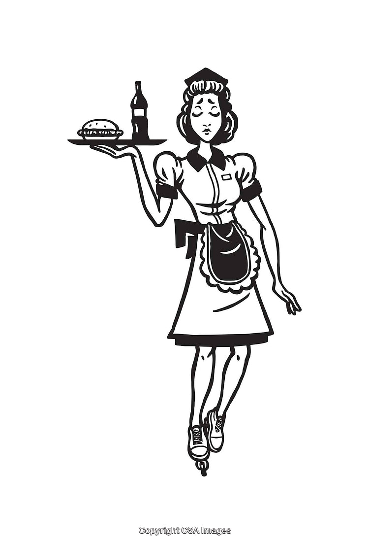 Retro Waitress on Roller Skates Serving Food and Beverage Illustration