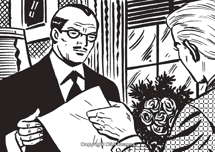 Retro Black and White Illustration of Two Men Discussing with Flowers Present