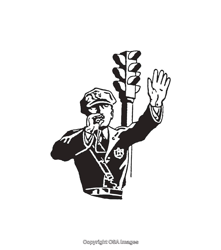 Black and White Line Art of a Policeman Managing Traffic