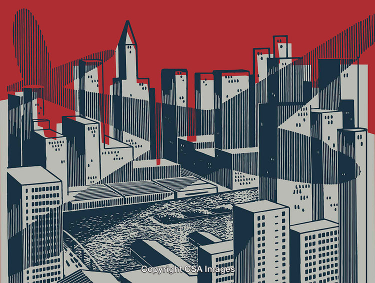 Abstract Illustration of Urban Cityscape with Airplane Silhouette