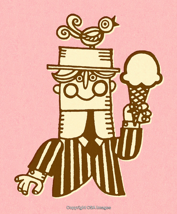 Playful Vintage Illustration of Ice Cream Vendor With Whimsical Hat Design