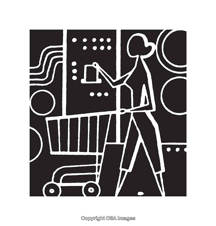 Stylized Black and White Illustration of Shoppers and Shopping Cart
