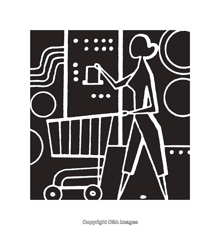 Stylized Black and White Illustration of Shoppers and Shopping Cart