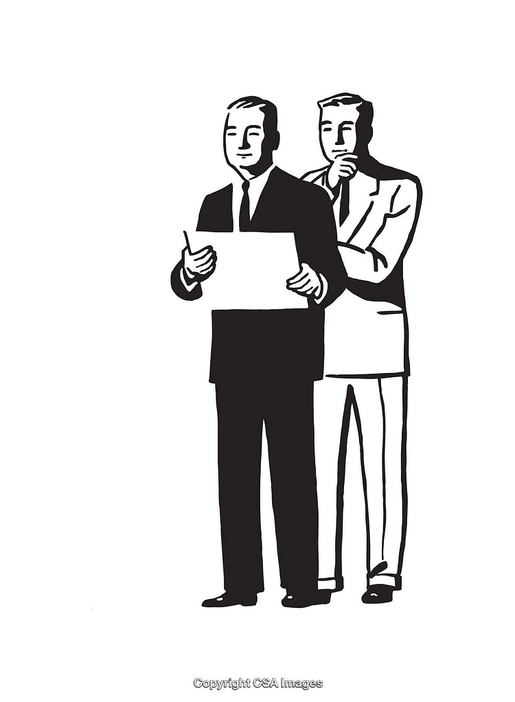 Two Businessmen Collaborating on a Document in Black and White Art