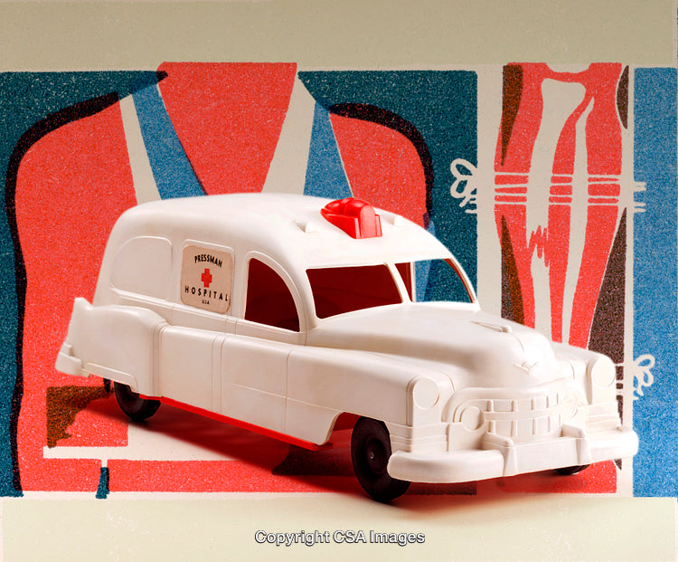 Vintage White Toy Ambulance with Retro Graphic Background Decor