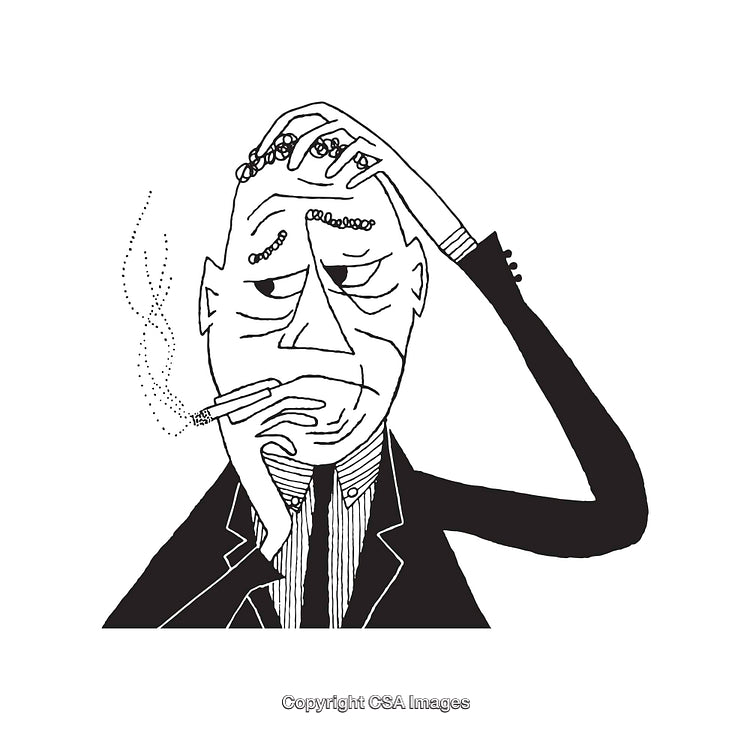 Black and White Line Art Illustration of a Thoughtful Man with Cigarette