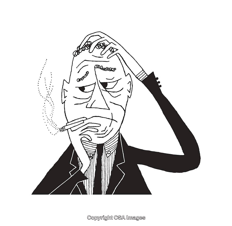 Black and White Line Art Illustration of a Thoughtful Man with Cigarette