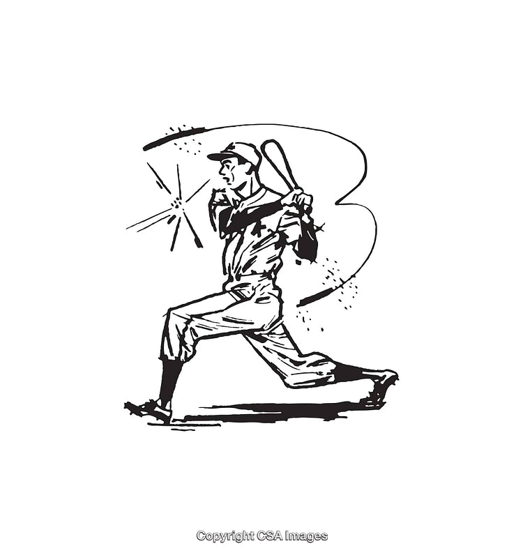 Black and White Line Art of a Baseball Player Swinging