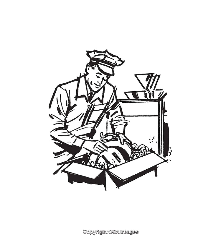 Vintage Black and White Illustration of a Worker Handling a Box