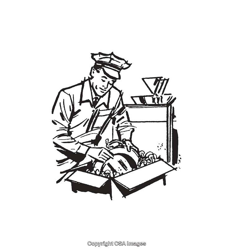 Vintage Black and White Illustration of a Worker Handling a Box