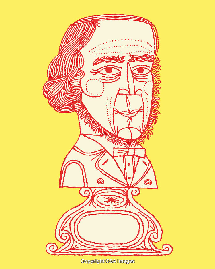 Abstract Red Line Drawing of Historical Bust on Yellow Background