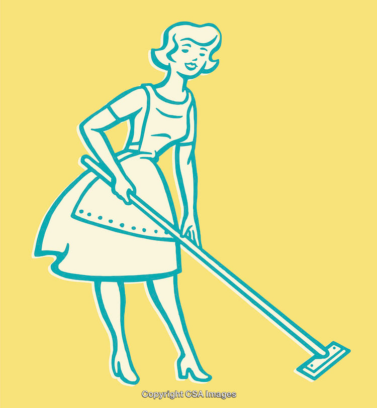 Retro Style Illustration of Woman Cleaning with Mop on Yellow Background