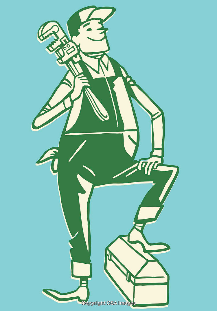 Vintage Illustration of a Confident Plumber with Tools and Toolbox