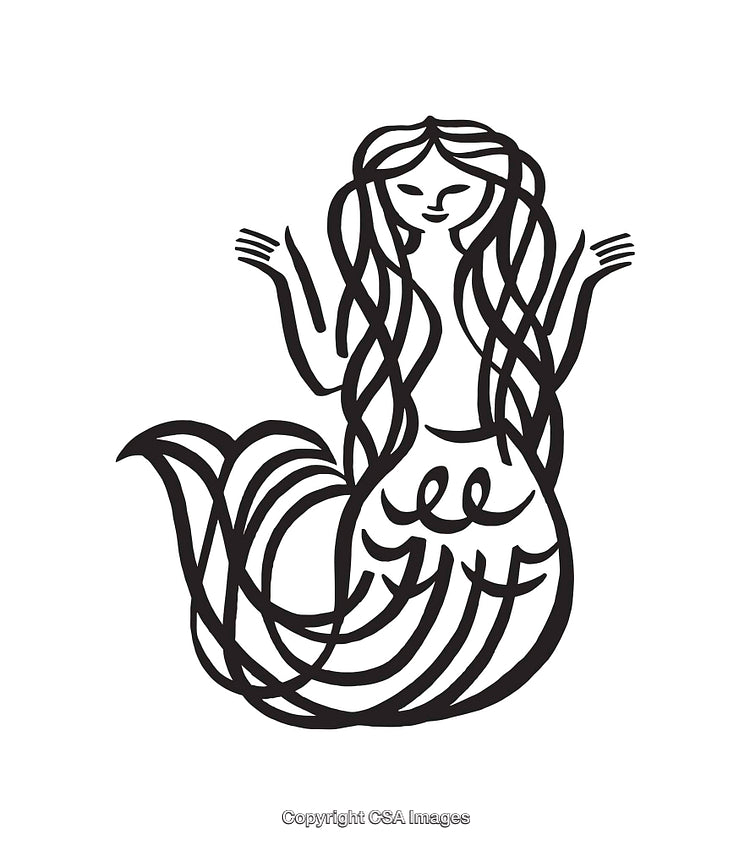 Whimsical Black and White Mermaid Line Art Illustration