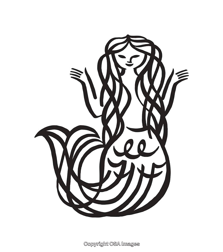 Whimsical Black and White Mermaid Line Art Illustration
