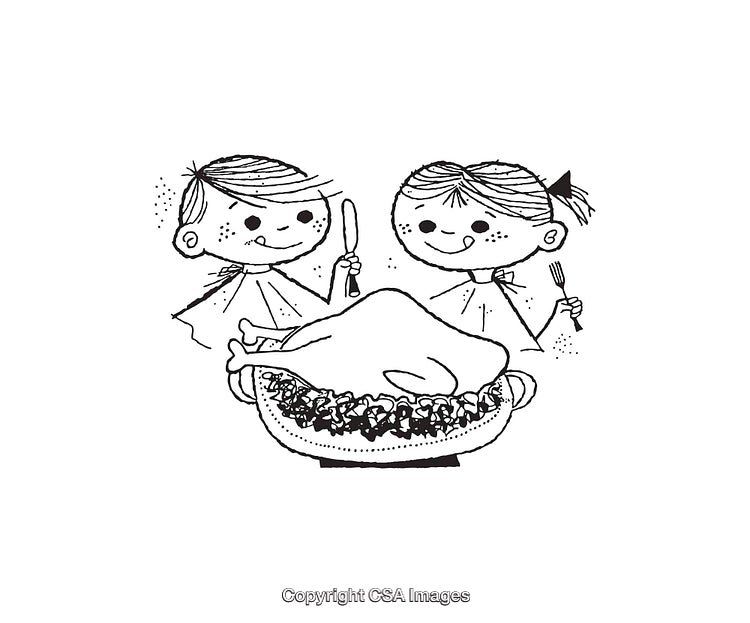 Black and White Illustration of Kids Cheering for a Festive Roast Meal