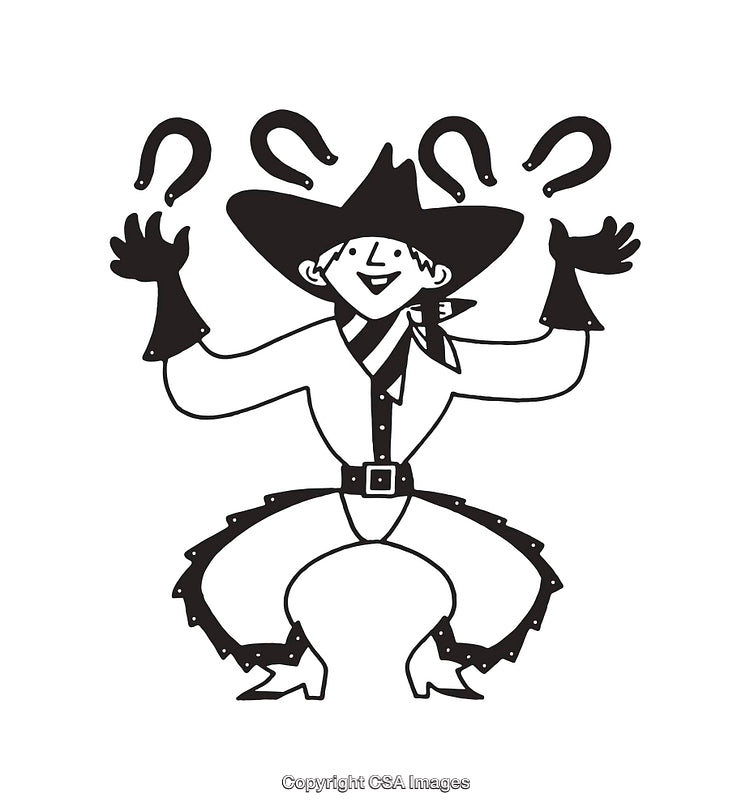 Western Themed Line Art of Cowboy Holding Horseshoes on White Background
