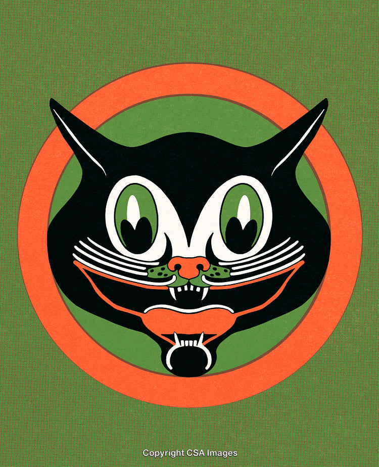 Vintage Halloween Illustration Featuring Black Cat with Green and Orange Accents