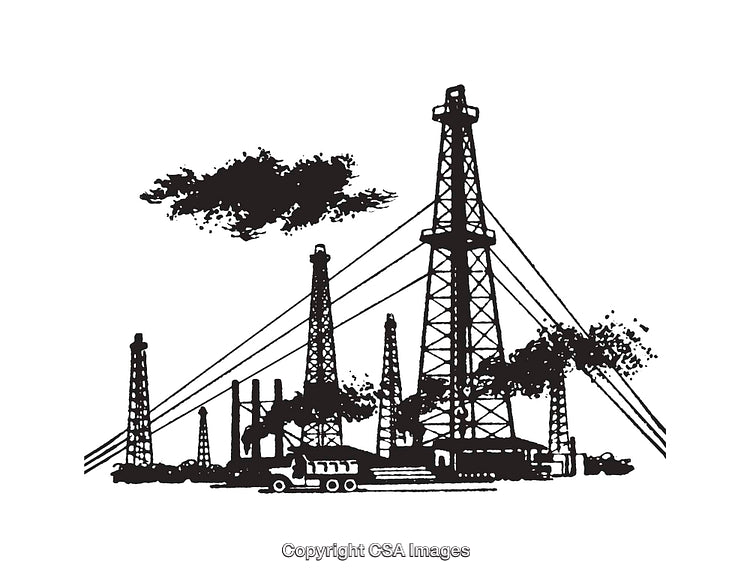 Black and White Illustration of an Industrial Oil Drilling Station