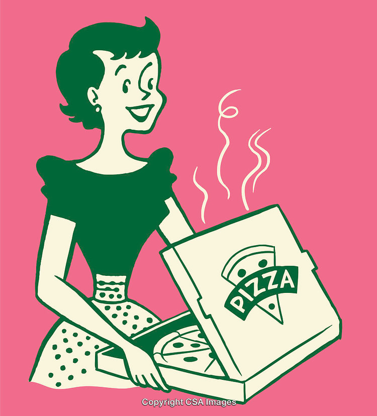 Retro Art of Smiling Woman Holding Open Pizza Box