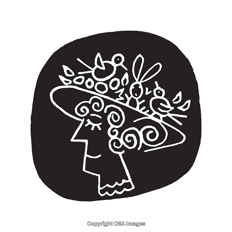 Whimsical Black and White Illustration of a Lady with Animals on Her Hat