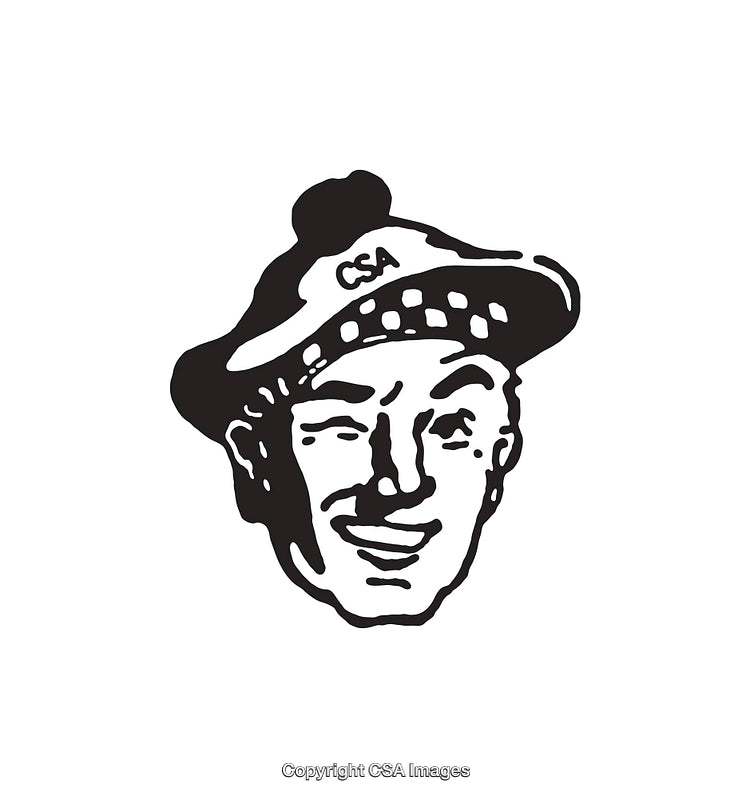 Black and White Line Art Illustration of a Smiling Face Wearing a Hat