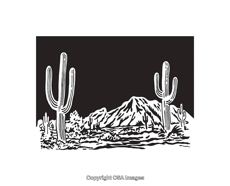 Black and White Desert Scene with Cactus and Mountain Clipart Artwork
