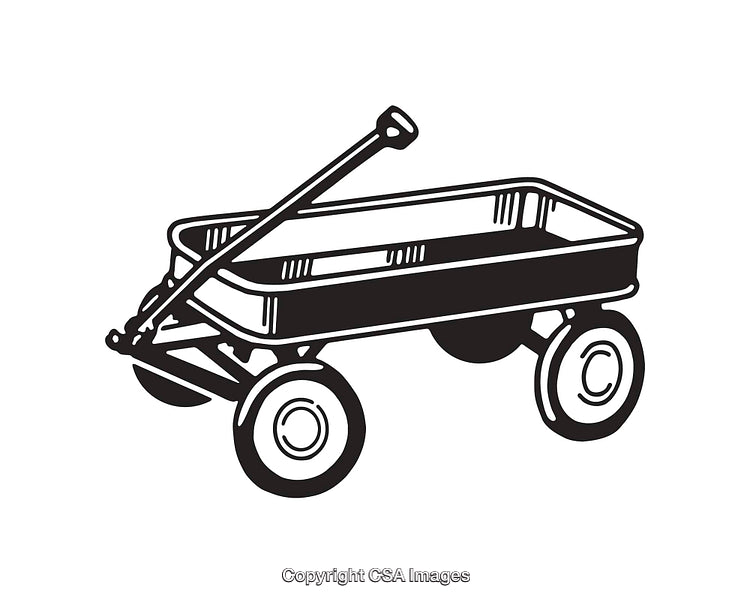 Black and White Line Art of a Vintage Pull Wagon